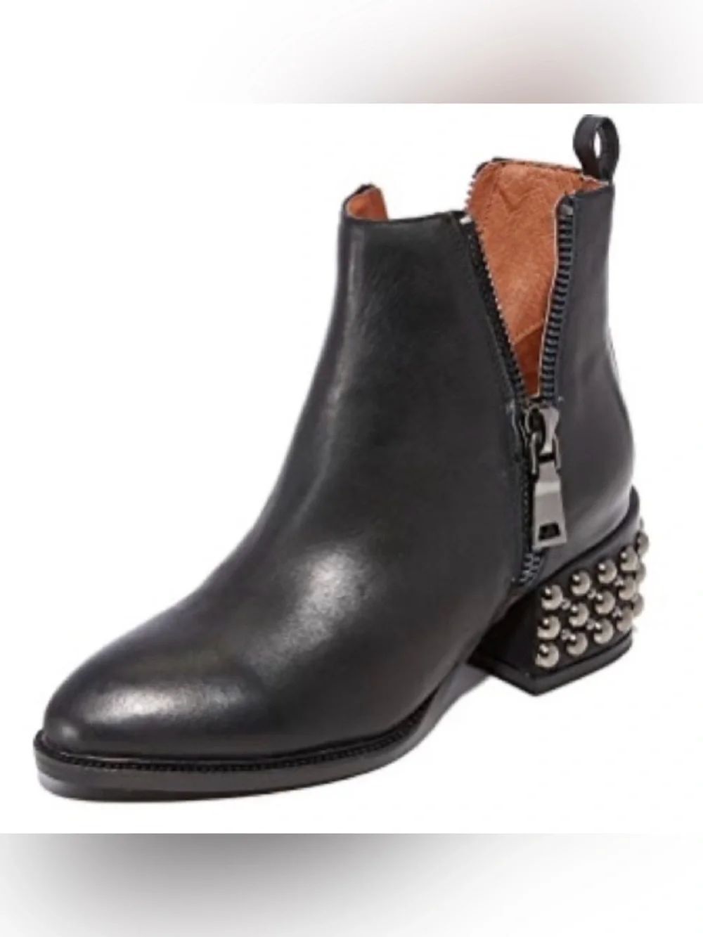 Jeffrey Campbell Black Leather Ankle Boot with Studded Heel double zip